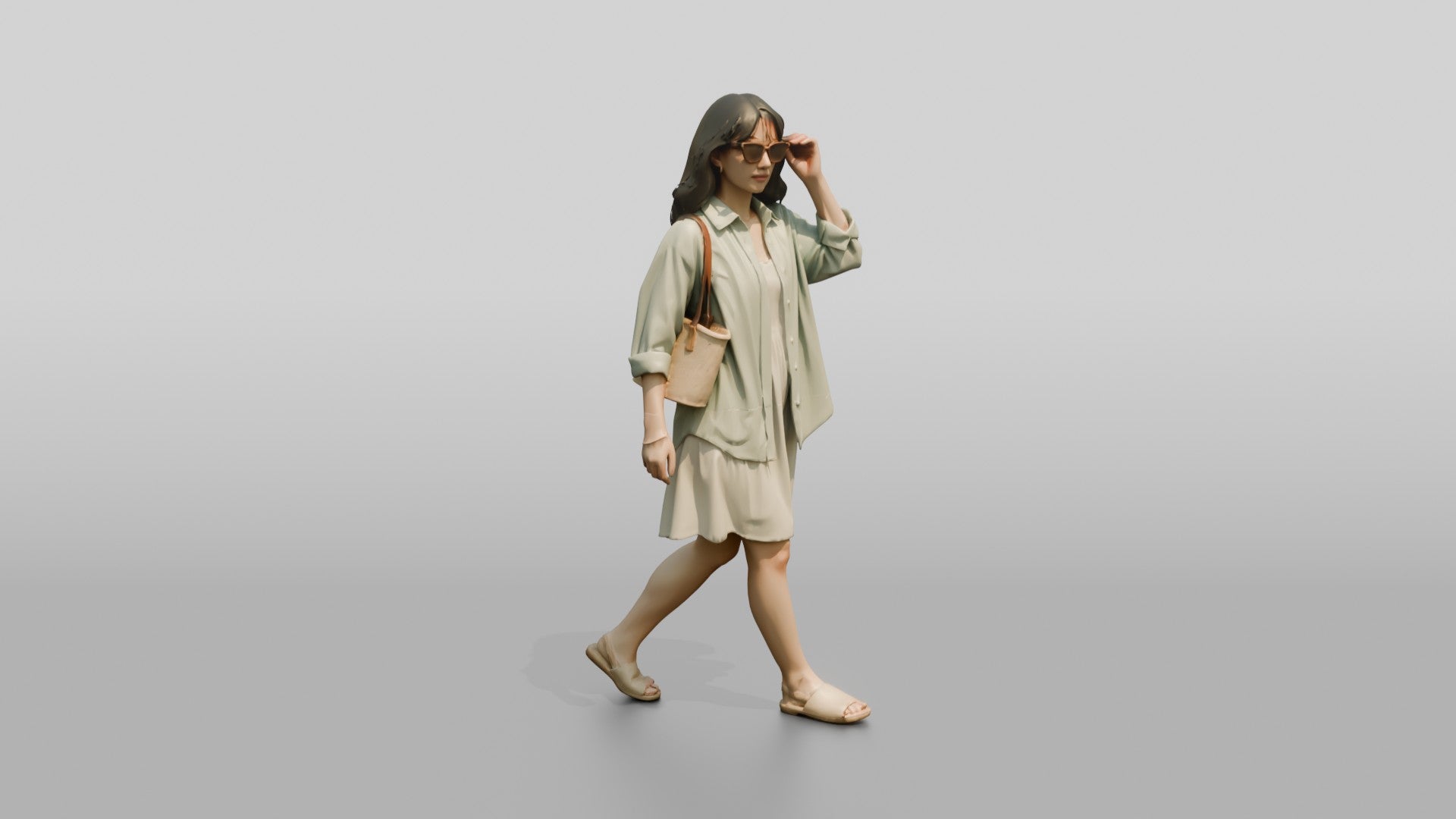 Woman Walking in Sunglasses with Straw Tote
