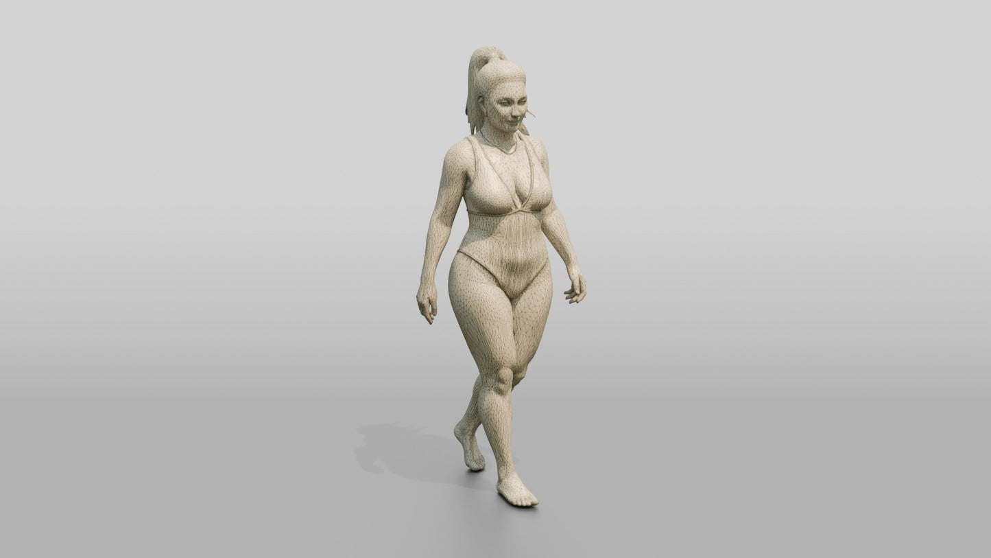 Curvy Woman in Lilac Two-Piece Swimsuit Walking