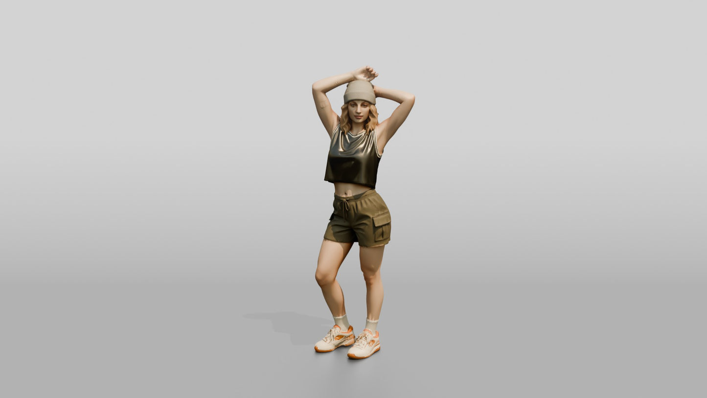 Woman Stretching Arms Overhead in Olive Cargo Shorts