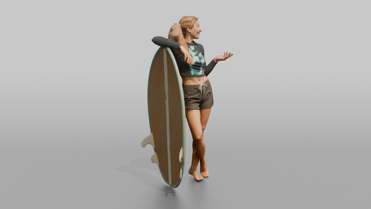 Surfer Leaning on Her Surfboard - 3D character model, view 1