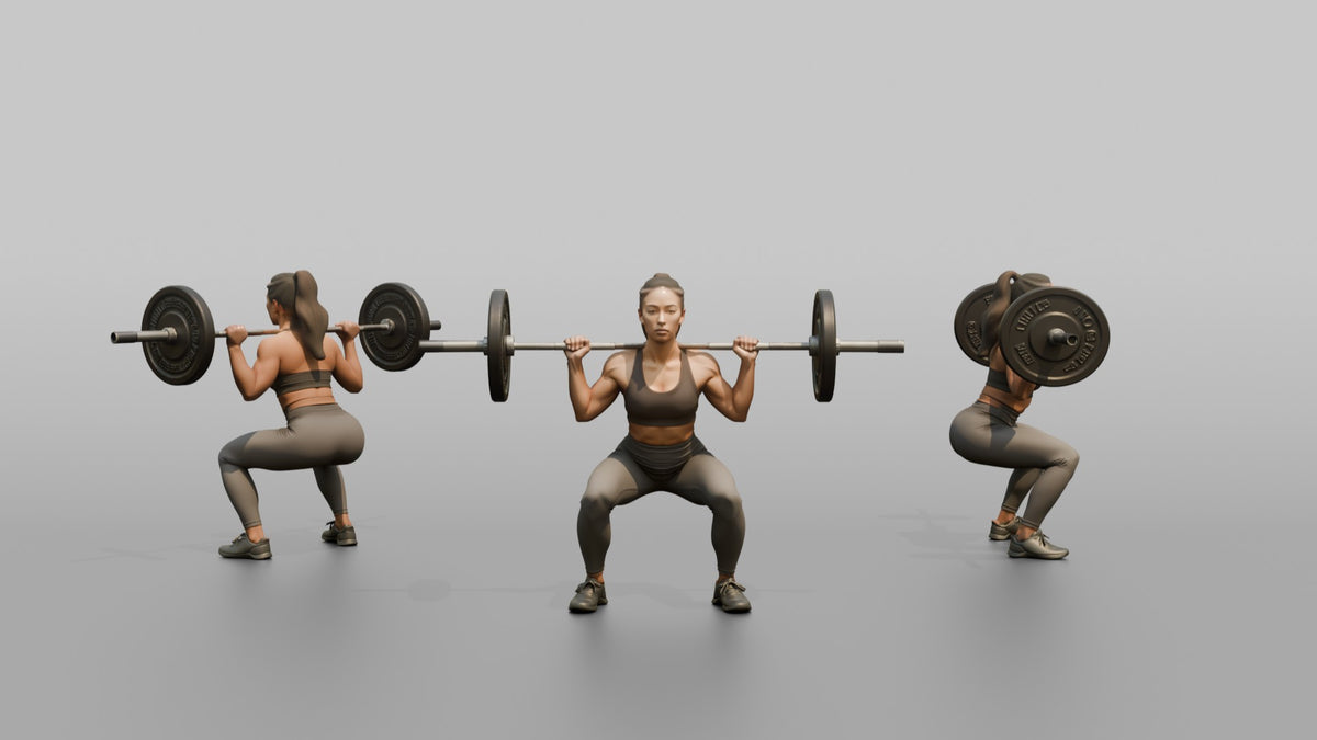Weightlifter Woman Holding A Barbell Across The Shoulders In A Squat Stance - 3D character model, view 1