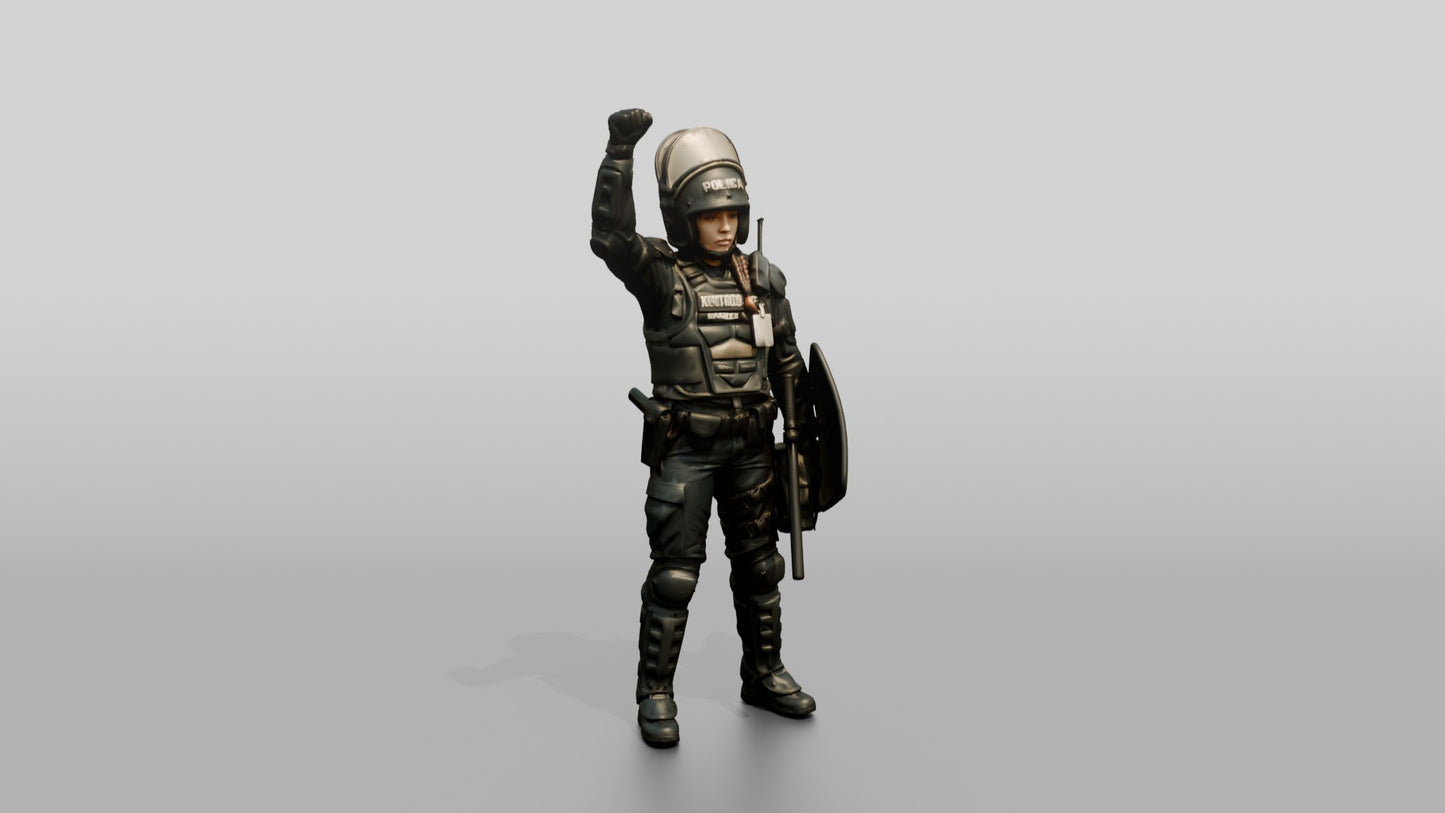 Riot Police Officer with Raised Fist and Shield