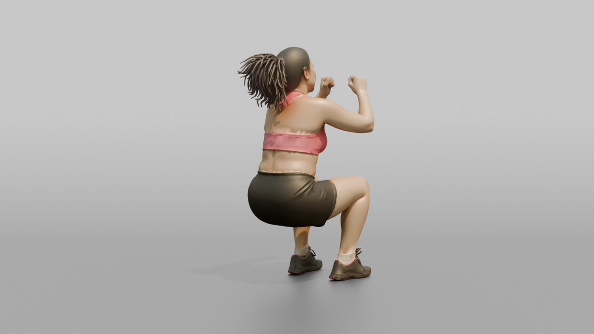 Bodyweight Athlete Woman Mid-air During A Jump Squat - 3D character model, view 3