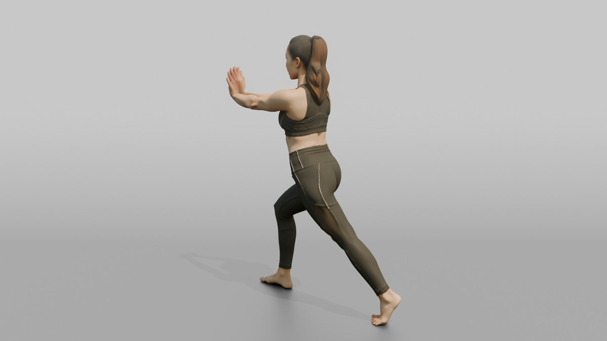 Fitness Influencer Woman Doing A Calf Stretch Against An Invisible Wall - 3D character model, view 4