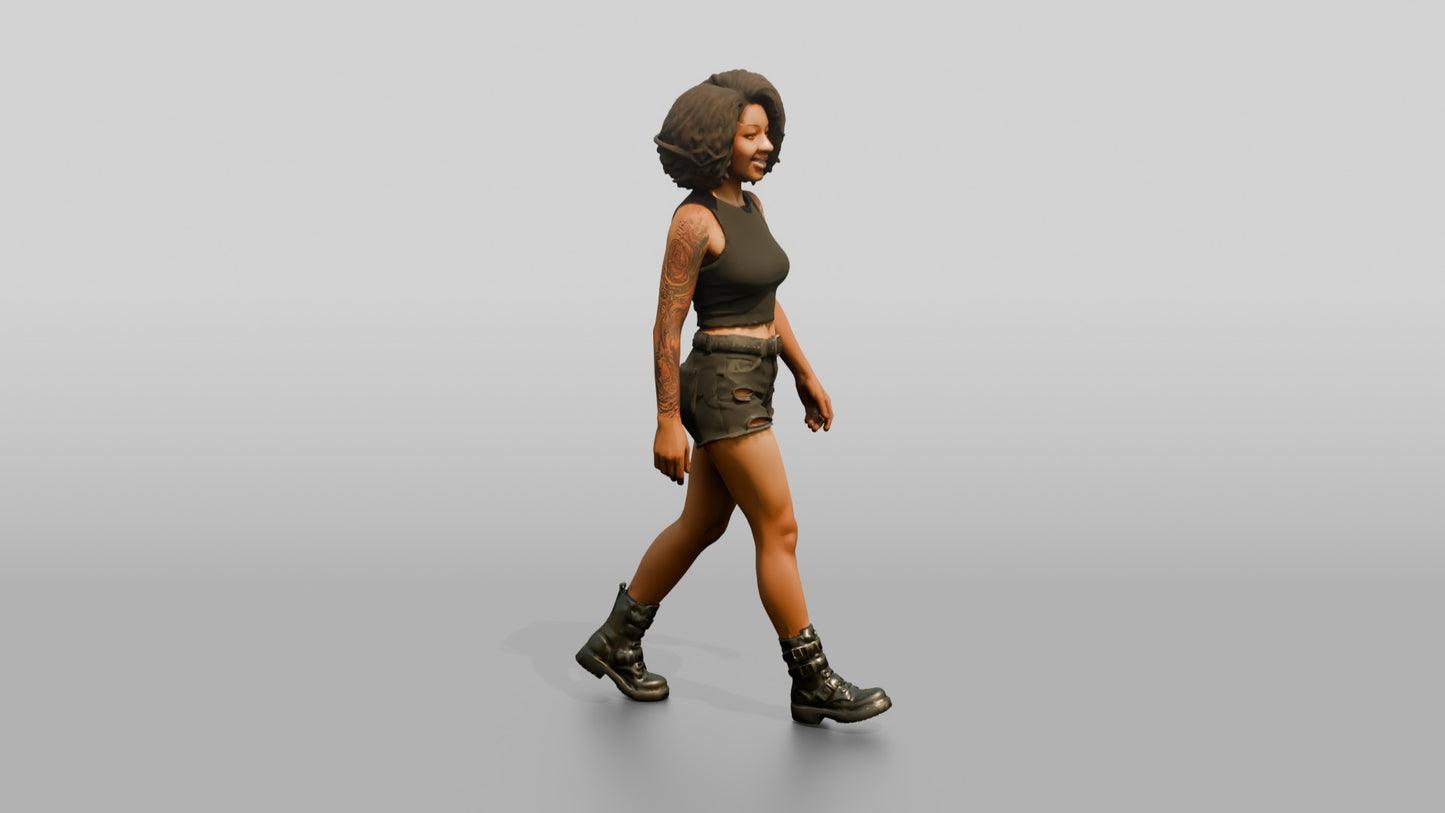 Woman with Curly Hair Walking in Olive Tank Top and Shorts