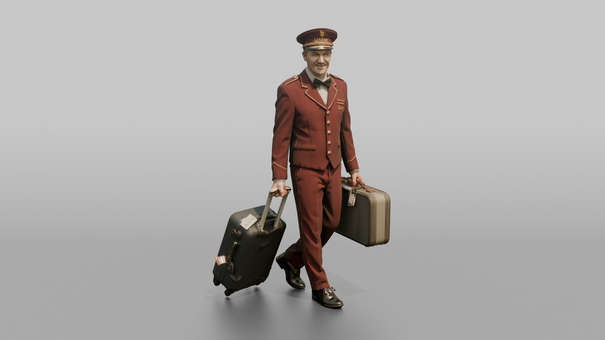 Bellhop Man Carrying Two Suitcases, One In Each Hand - 3D character model