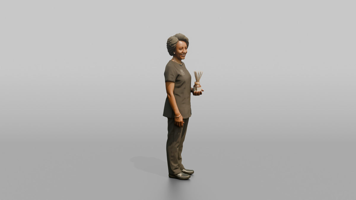 Massage Therapist Woman Holding An Aromatherapy Diffuser Bottle - 3D character model, view 2