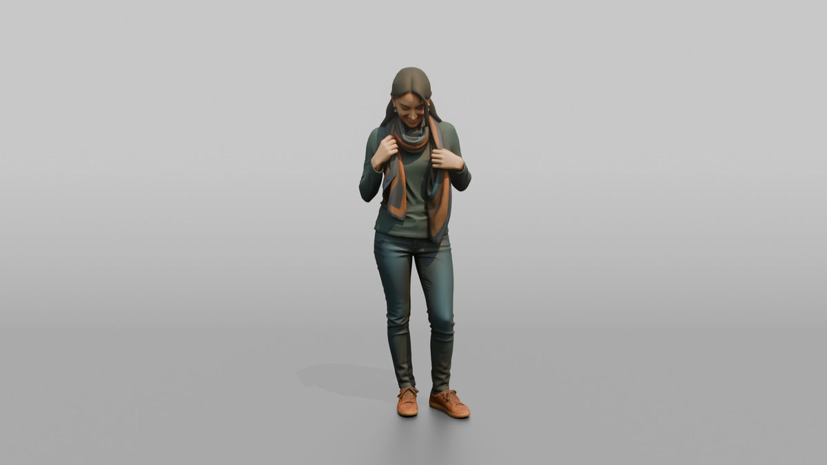 Woman Customer Trying A Scarf Around Her Neck - 3D character model, view 5