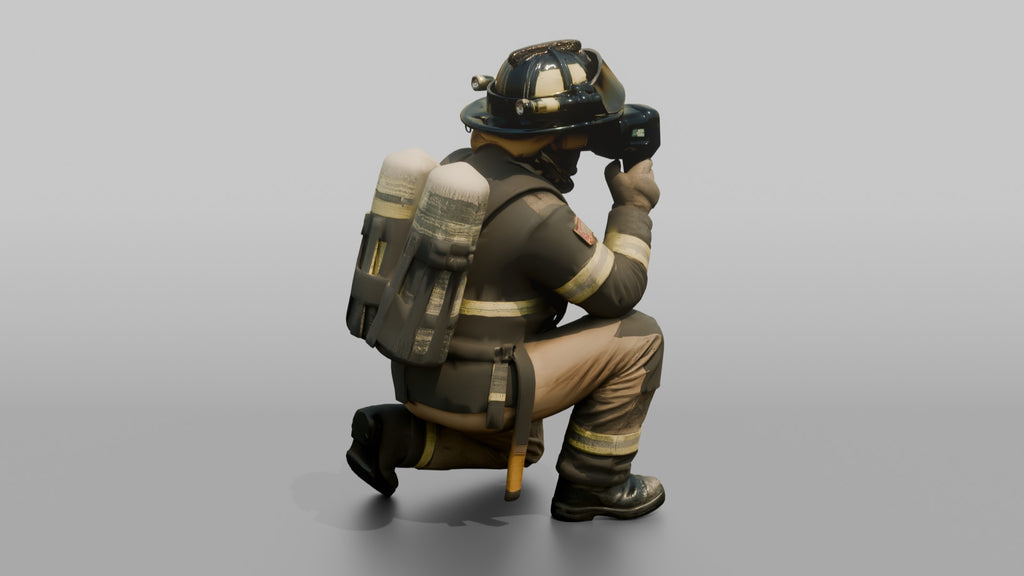 Firefighter Man Crouching Low with Thermal Vision Scope
