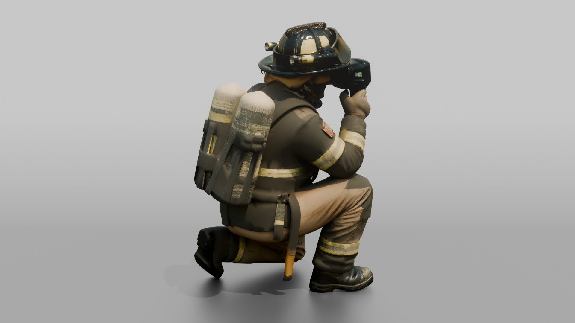 Firefighter Man Crouching Low with Thermal Vision Scope