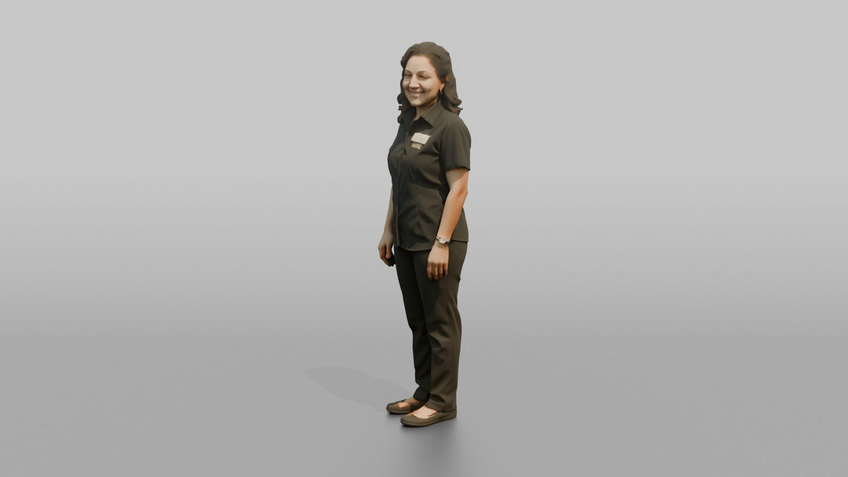 Host Woman Standing With A Warm Welcoming Smile, Arms At Sides - 3D character model, view 4