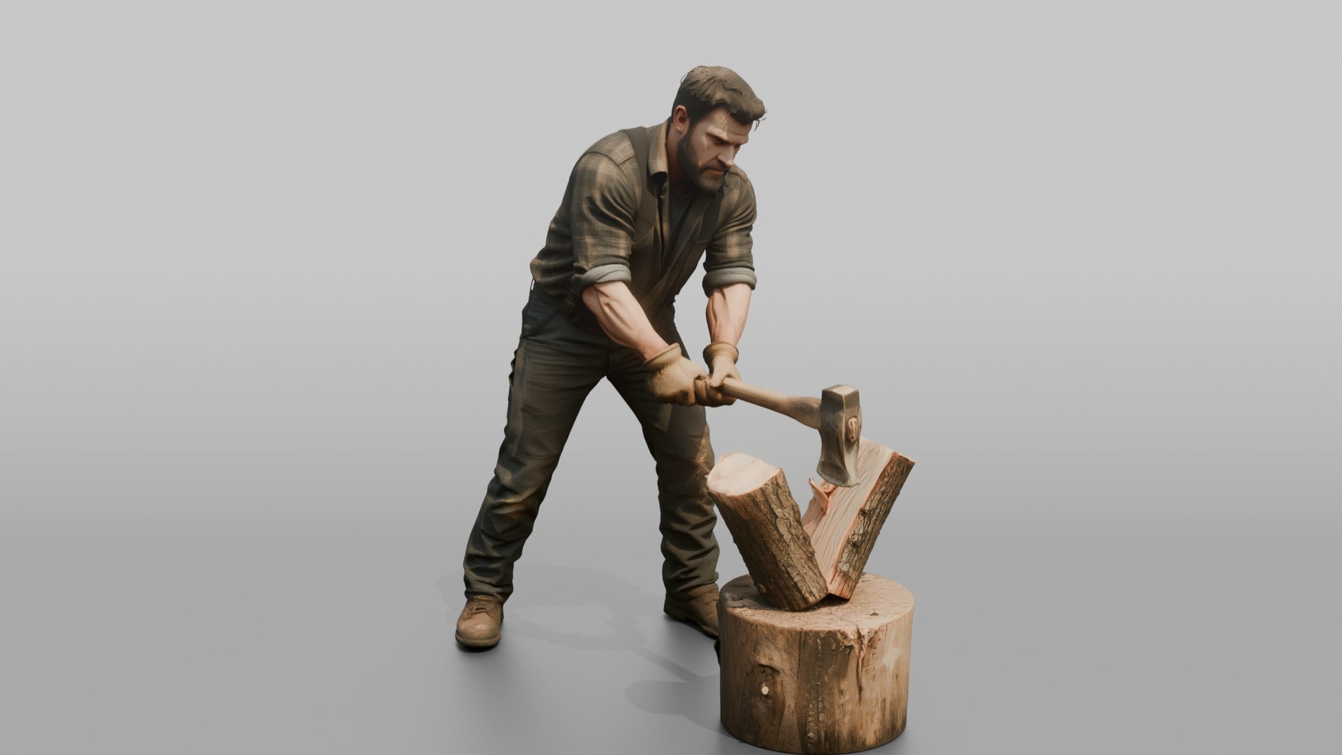 Farmer Swinging Heavy Splitting Maul Into Firewood