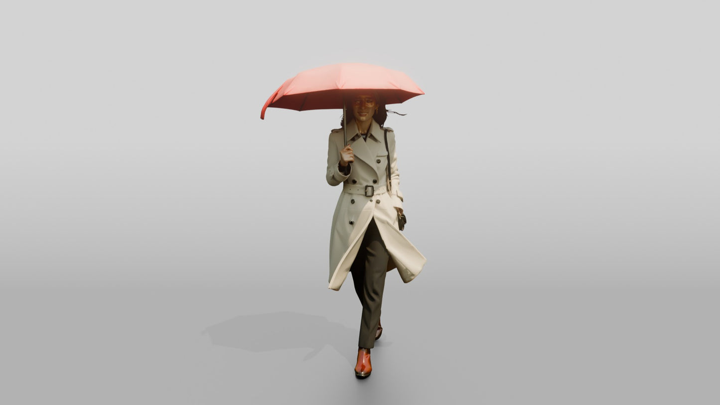 East Asian Woman in White Trench Coat with Red Umbrella