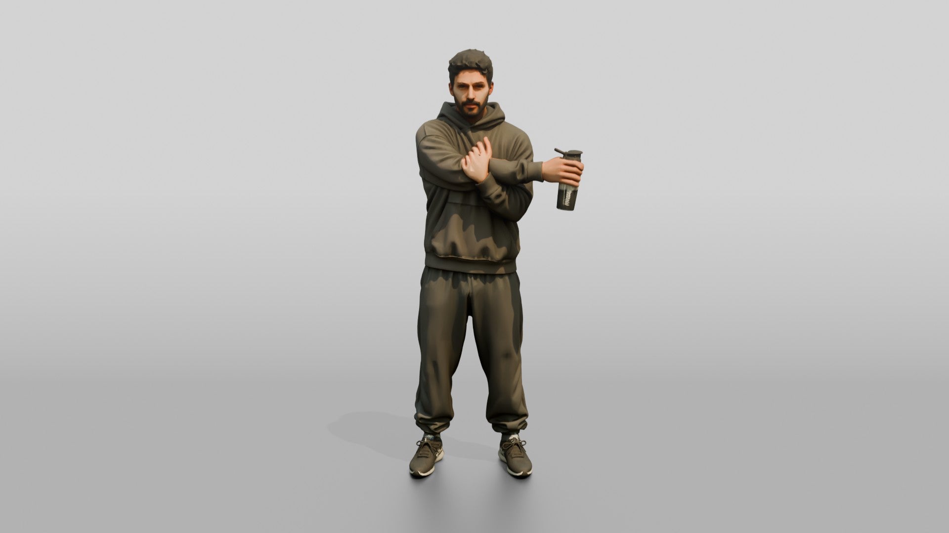 Man Stretching Arms with Protein Shaker