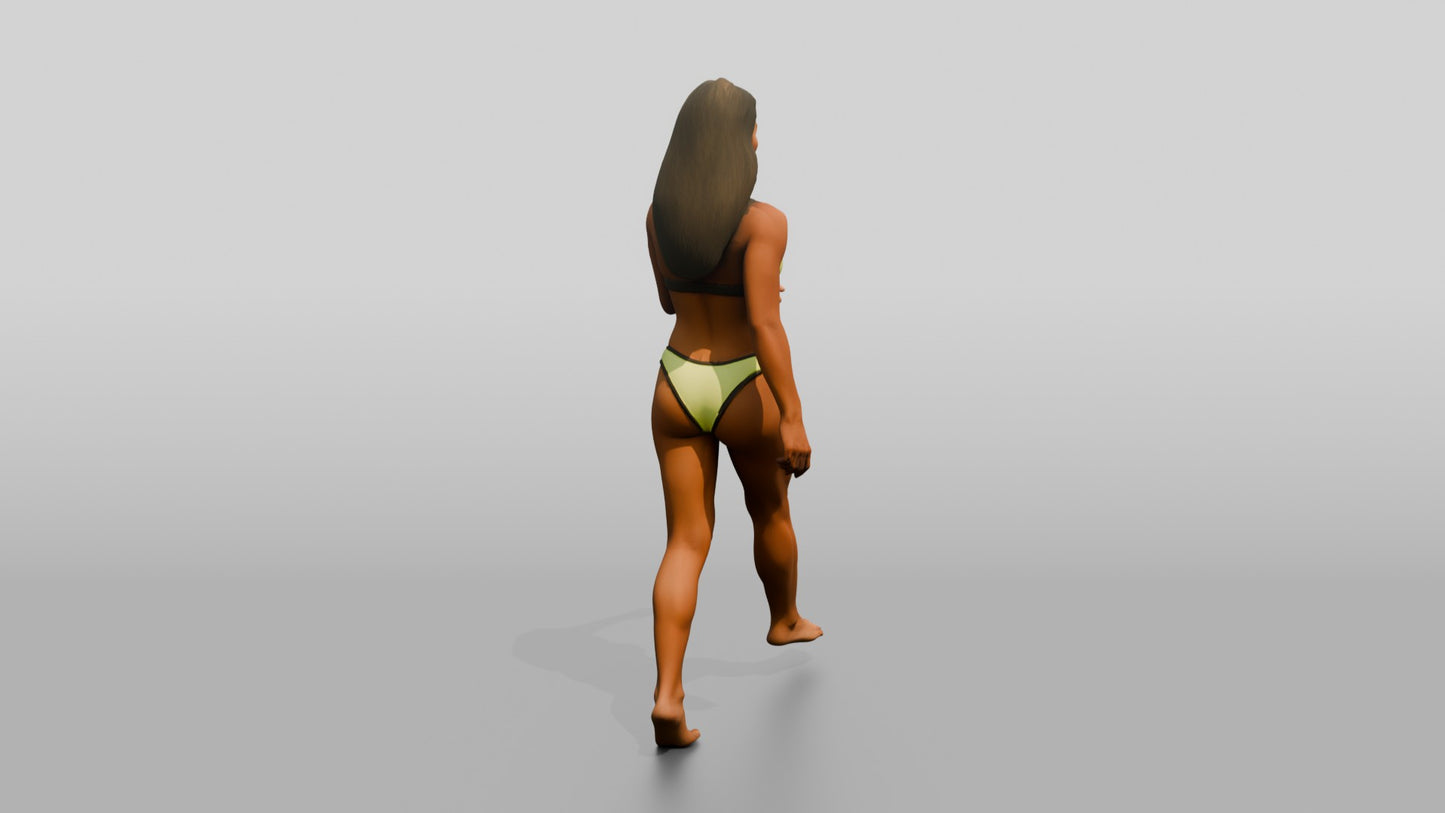 Latina Woman in Neon Yellow Bikini Beach Stride