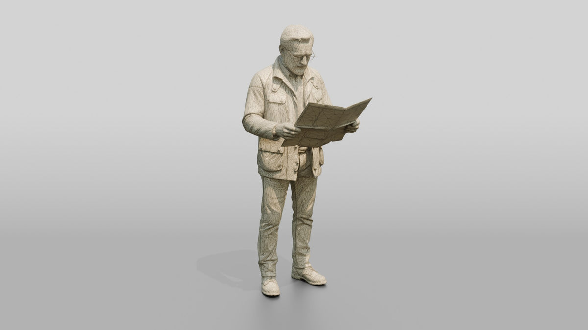 White Man in Waxed Jacket Checking a Map - wireframe topology preview