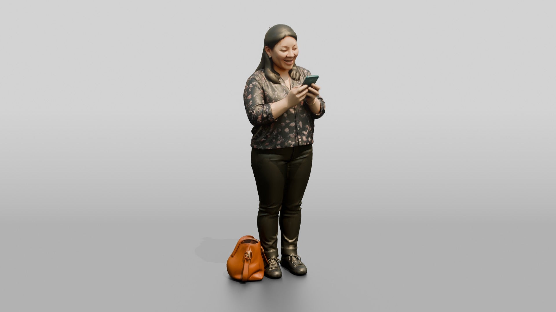 Chinese Woman Checking Phone with Shopping Bags