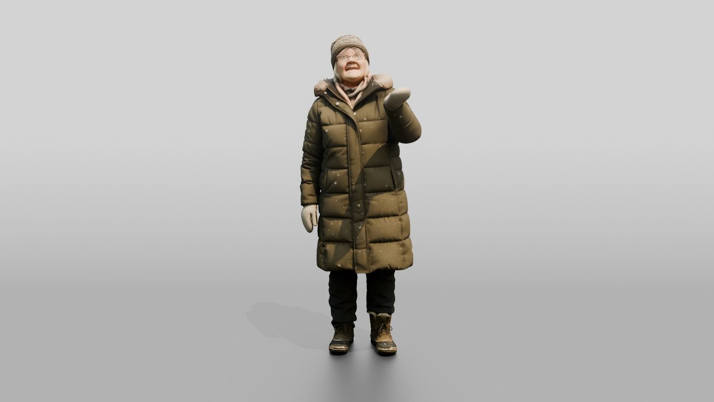 Elderly Norwegian Woman Catching Snowflakes