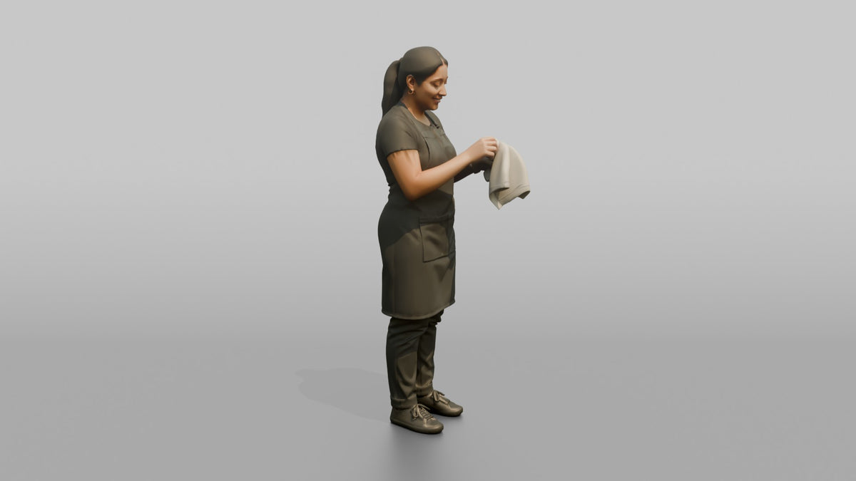 Bartender Woman Wiping A Cocktail Glass With A Bar Towel - 3D character model, view 2