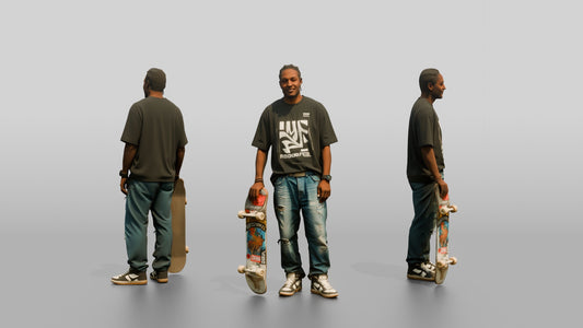 Skater Man in Ripped Jeans with Skateboard