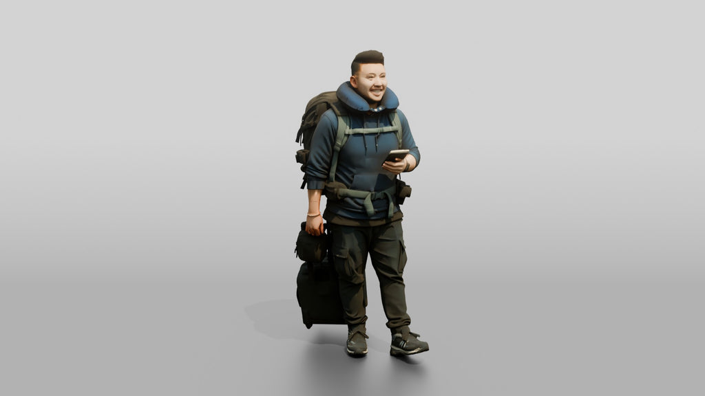 Plus-Size Asian Man with Travel Pillow Backpack and Luggage