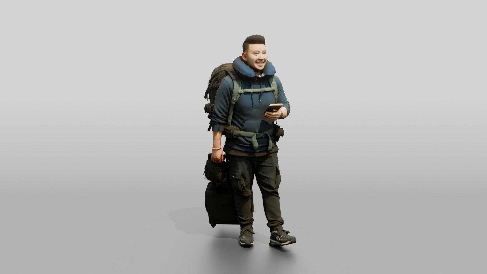 Plus-Size Asian Man with Travel Pillow Backpack and Luggage
