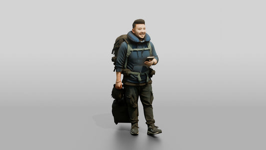 Plus-Size Asian Man with Travel Pillow Backpack and Luggage - 3D character model, view 1