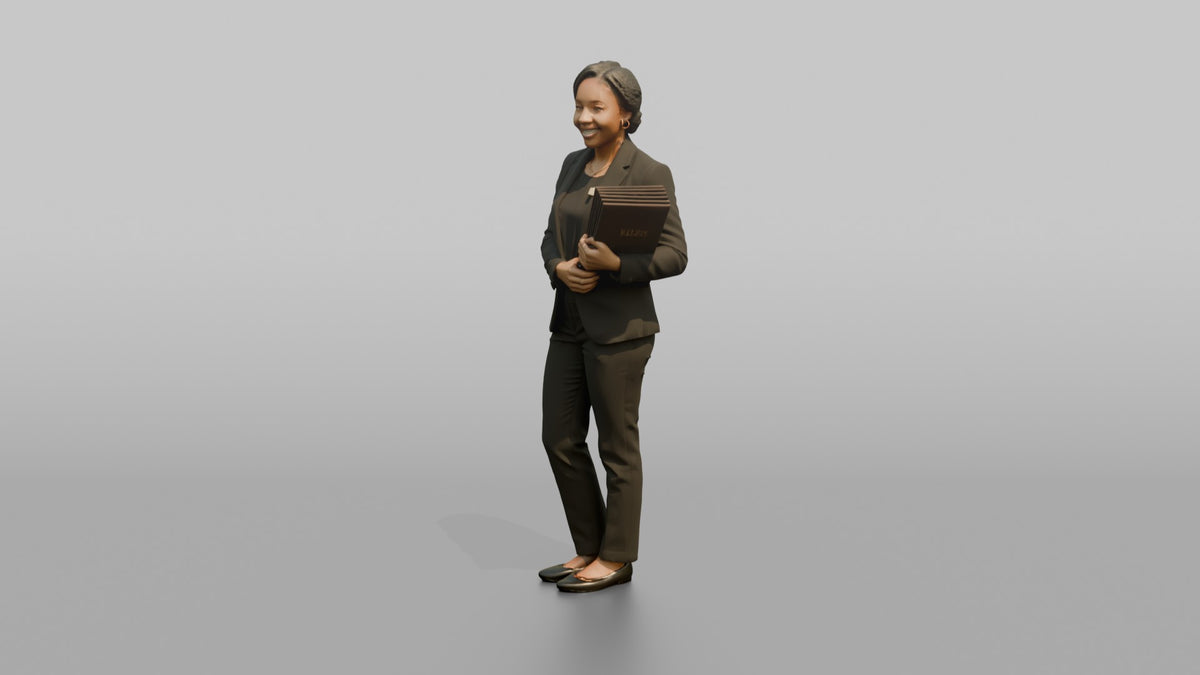 Host Man Holding A Stack Of Menus Against Their Chest - 3D character model, view 4