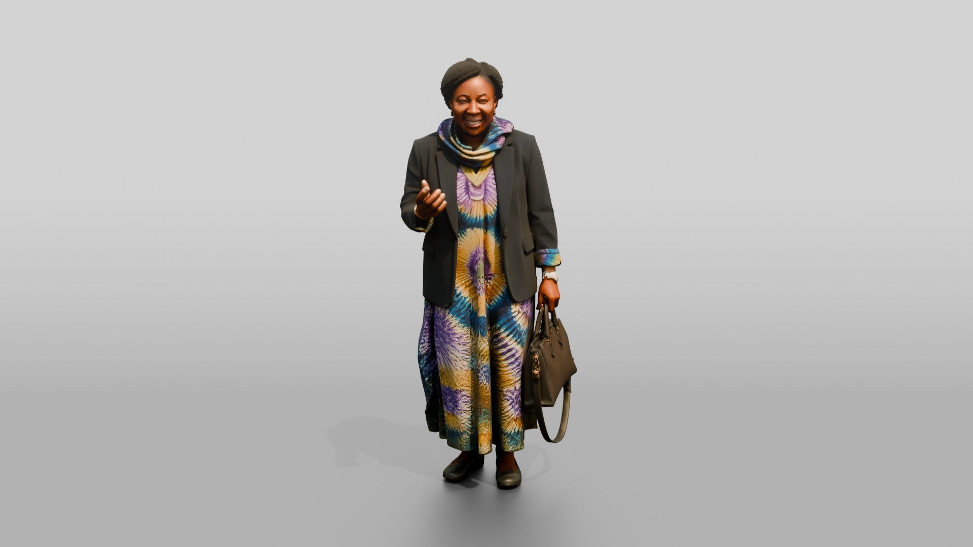 Woman in a Blazer Over a Tie-Dye Dress