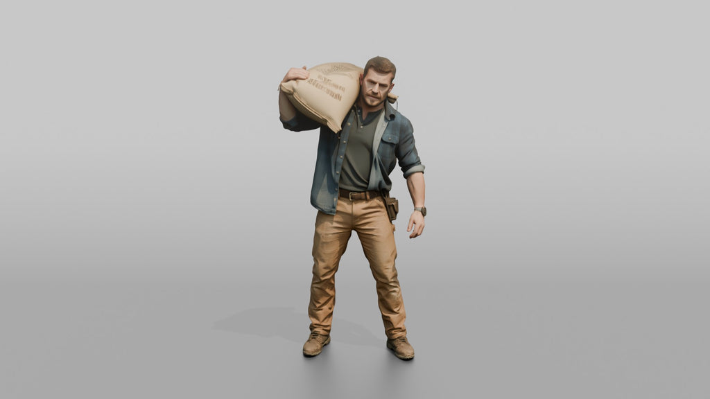 Farmer Slinging Grain Sack Over Back