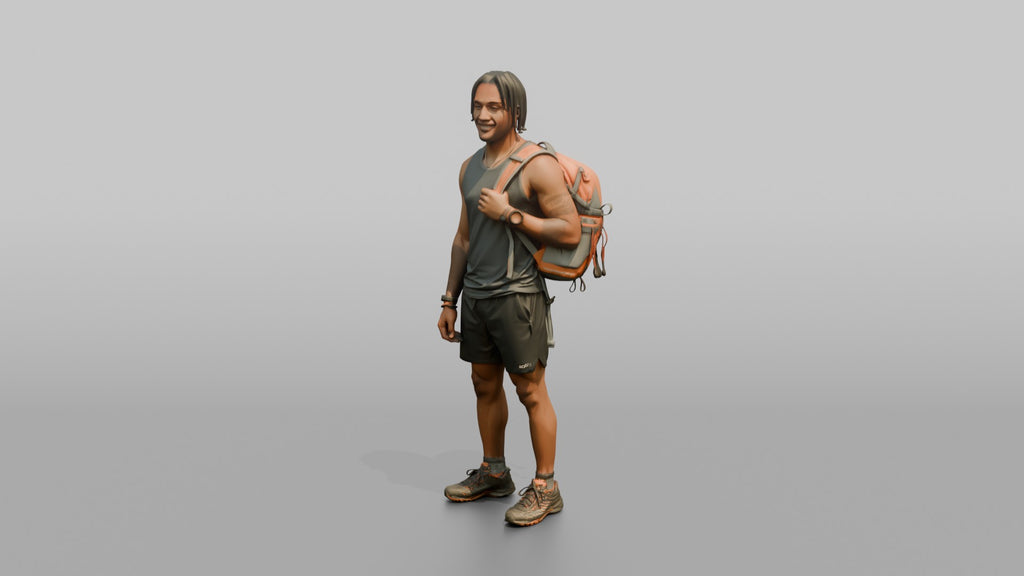 Hiker Slinging a Pack Over One Shoulder
