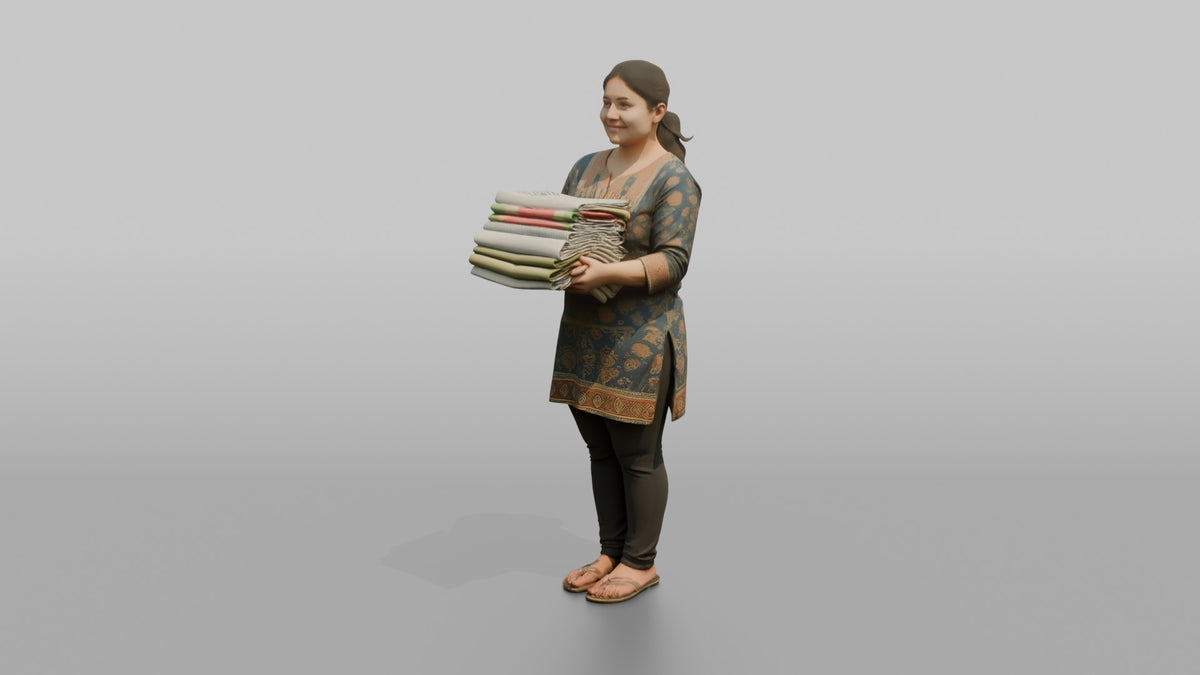 Mother Carrying A Stack Of Clean Folded Laundry - 3D character model, view 4
