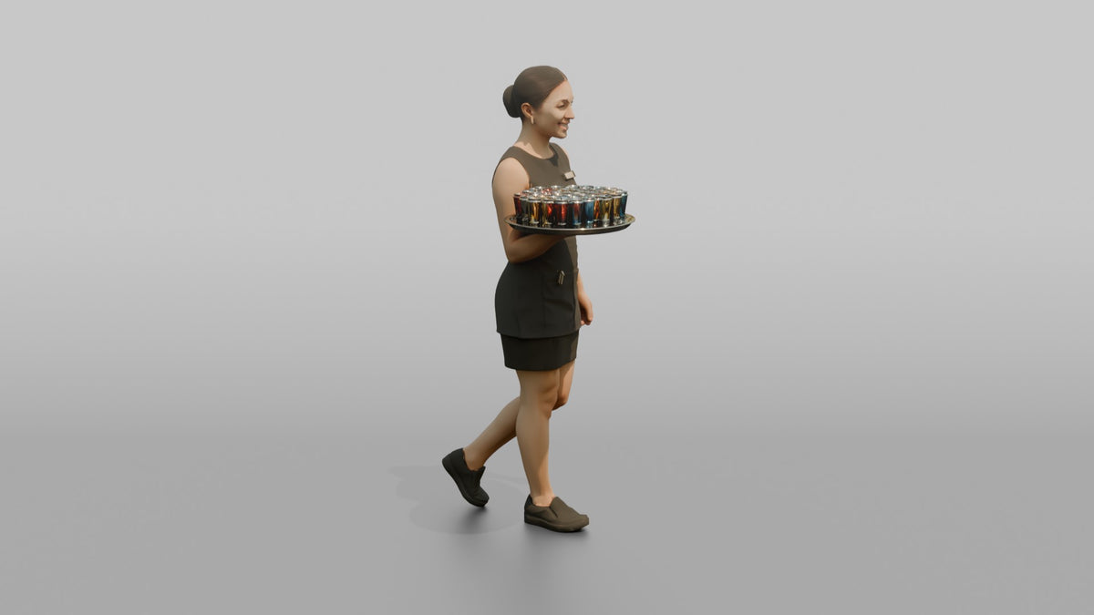 Cocktail Server Woman Carrying A Tray Of Colorful Shots - 3D character model, view 2