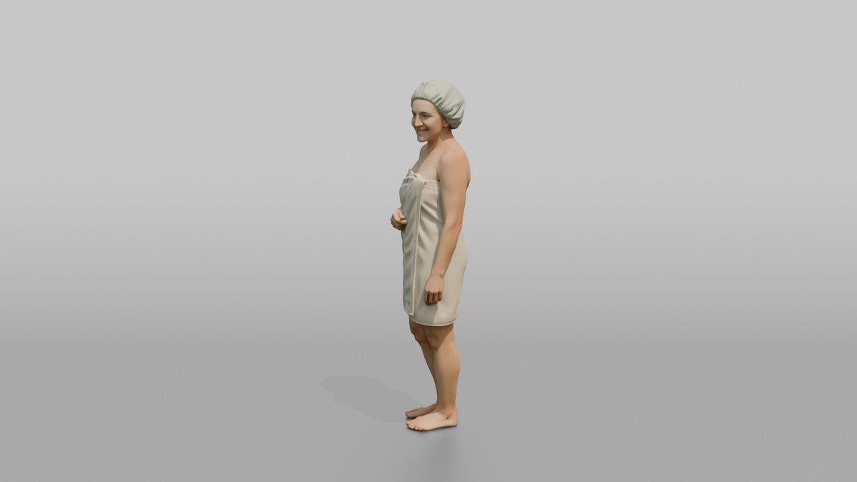 Spa Client Woman Standing Wrapped In A Towel, Hair In A Shower Cap - 3D character model, view 4
