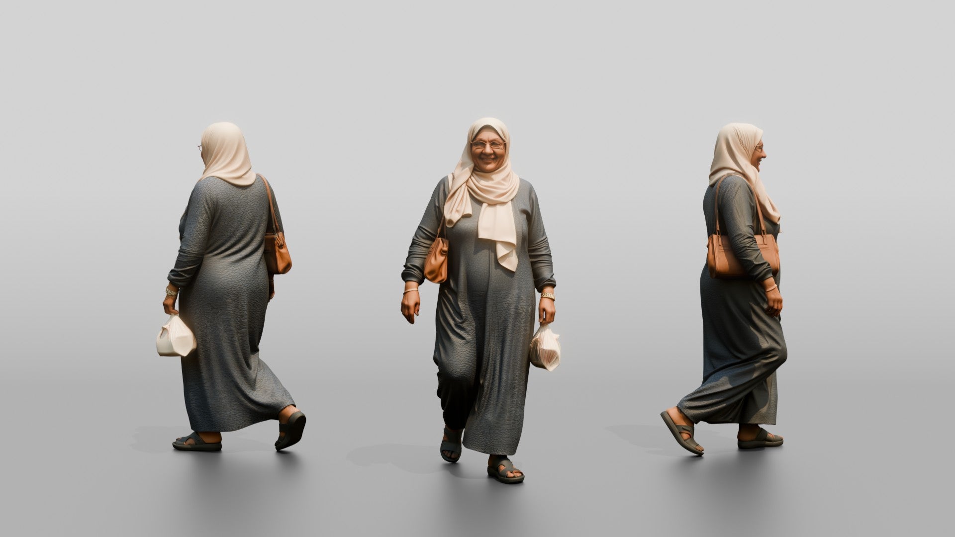 Elderly Egyptian Woman in Hijab Walking with a Handbag