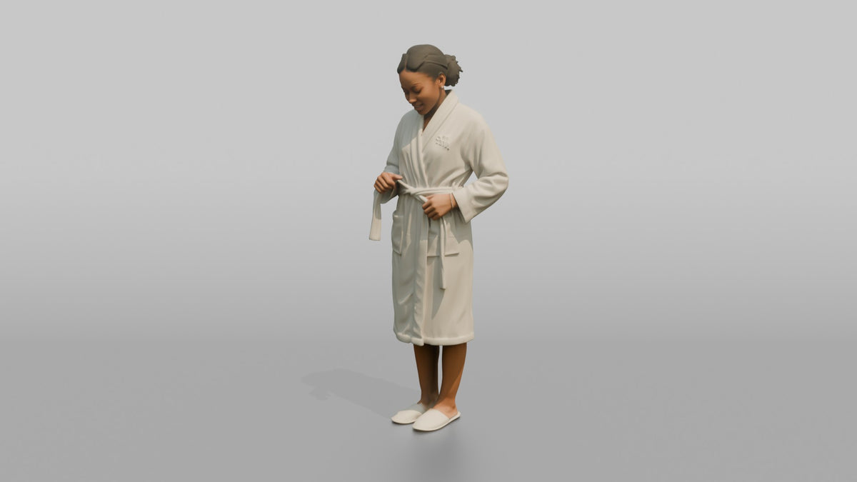 Spa Attendant Woman Adjusting A Robe Belt At The Waist - 3D character model, view 4