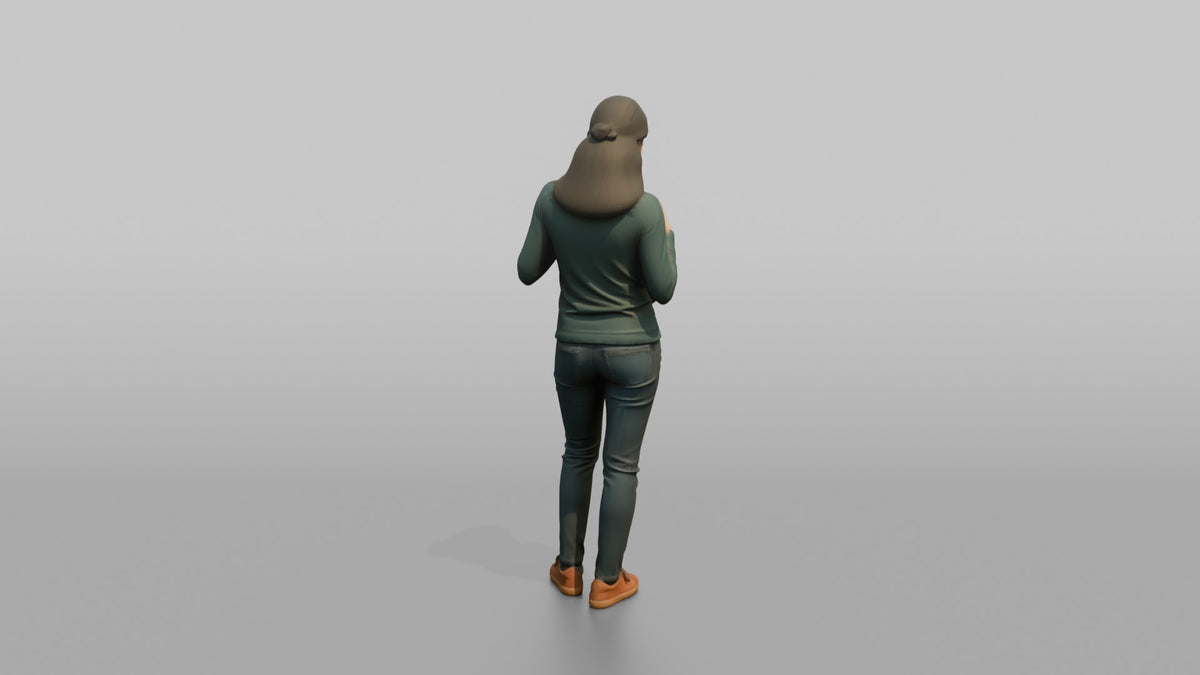 Woman Customer Trying A Scarf Around Her Neck - 3D character model, view 3