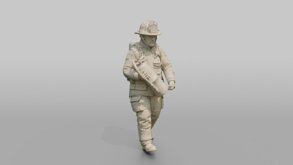 Firefighter Man Carrying a Heavy Foam Fire Extinguisher
