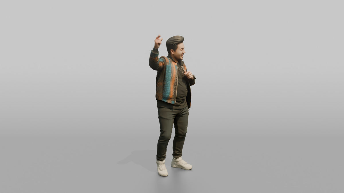 Patron Man Wearing A Vibrant Patterned Bomber Jacket, Hyped Pose - 3D character model, view 2