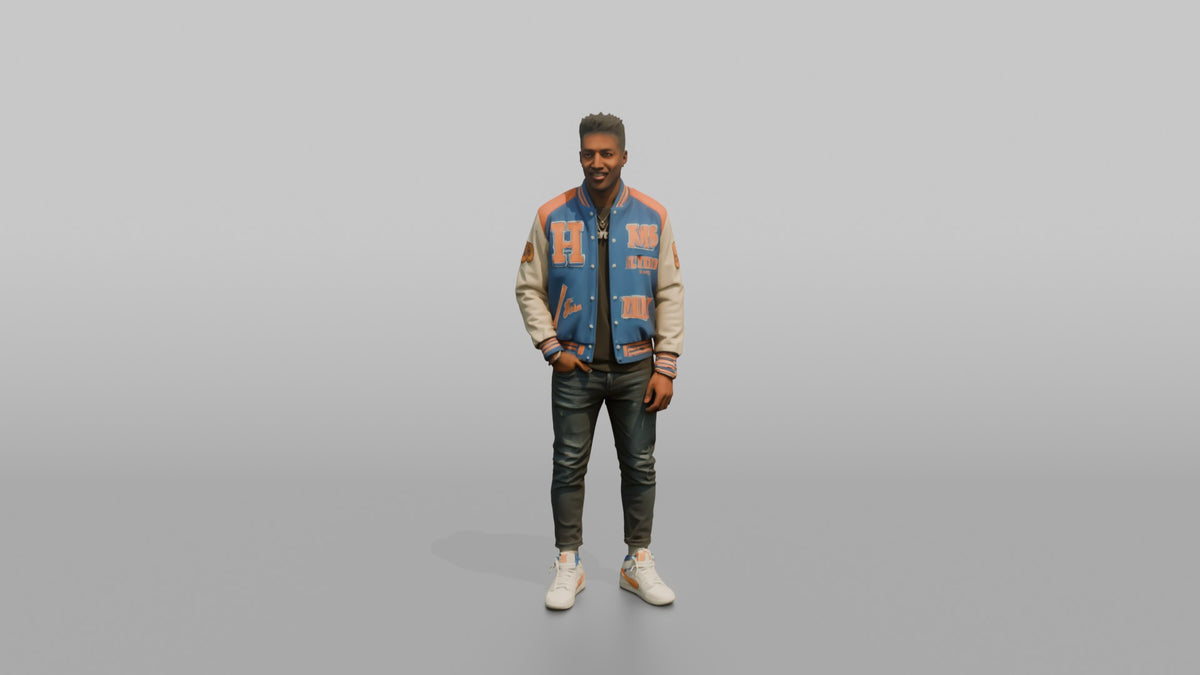 Patron Man Wearing A Vibrant Varsity Jacket, Confident Urban Stance - 3D character model, view 5