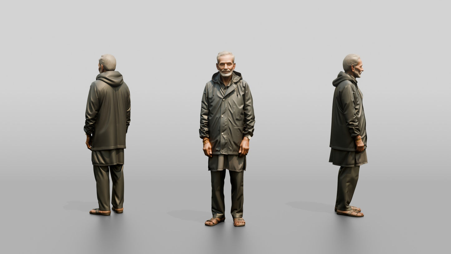 Elderly Indian Man Standing Calmly in the Rain