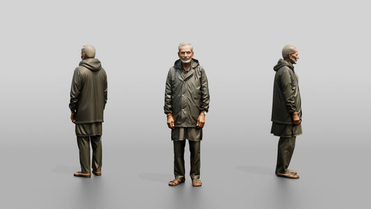 Elderly Indian Man Standing Calmly in the Rain