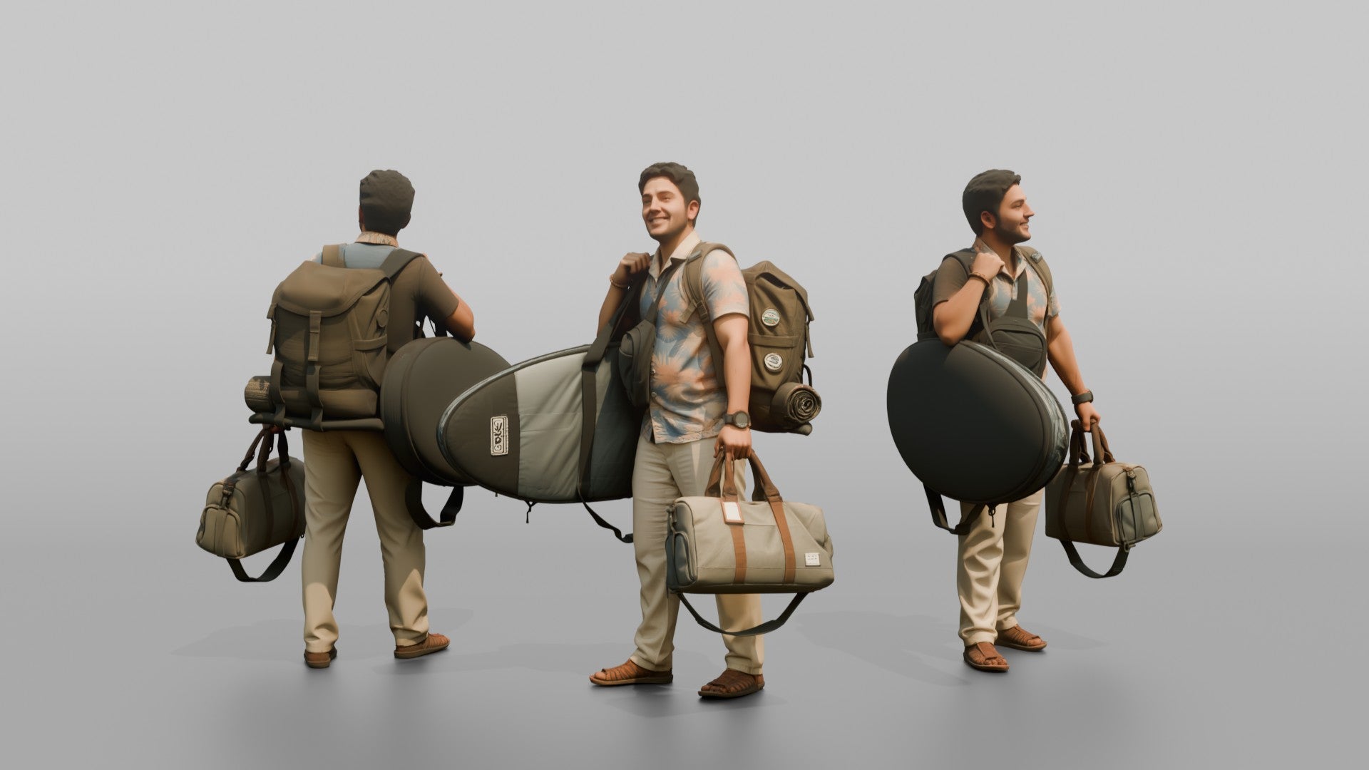 Traveler Carrying A Surfboard And Backpack