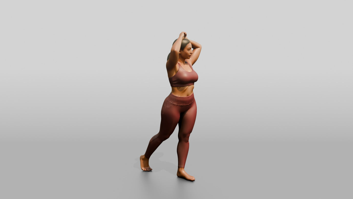 Curvy Woman in Rose Activewear Arms Raised to Her Hair
