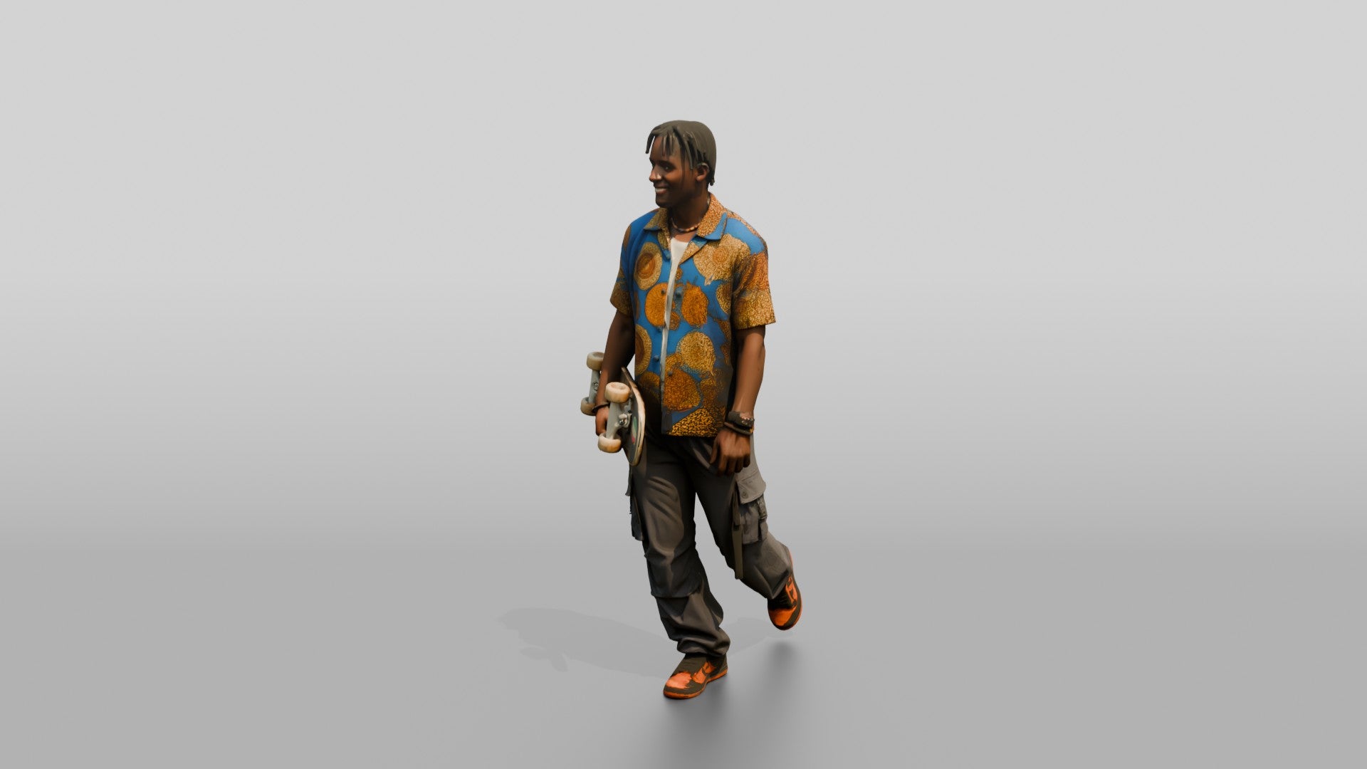 Athletic African Man Holding a Skateboard in a Print Shirt