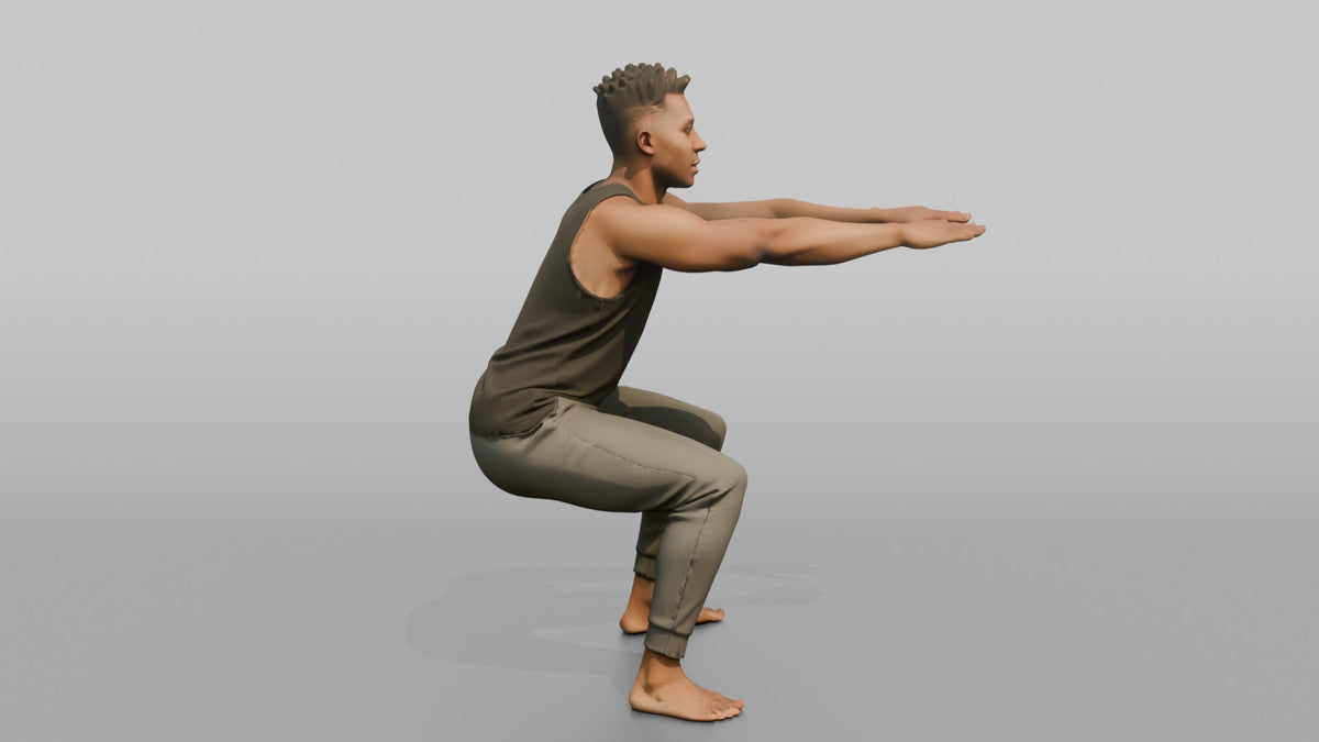 Fitness Influencer Man Doing A Bodyweight Squat, Arms Extended Forward - 3D character model, view 2