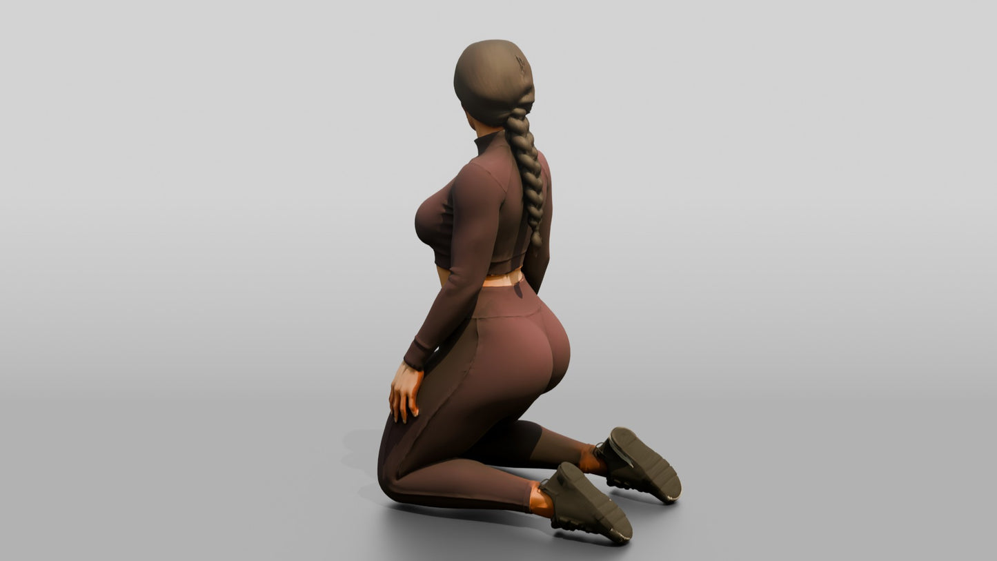 Woman Kneeling in Burgundy Long-Sleeve Activewear