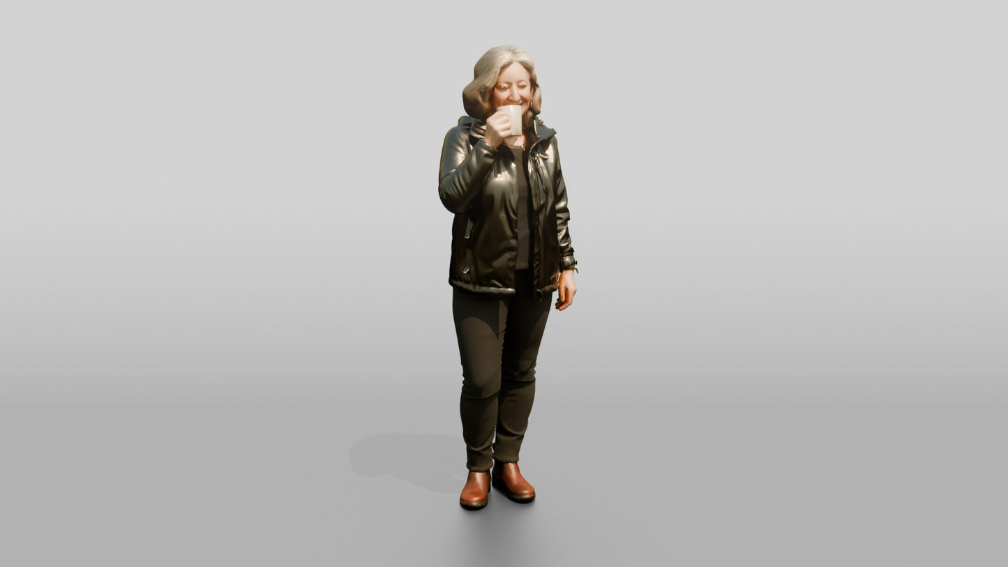 White Woman Drinking Coffee in Waterproof Jacket
