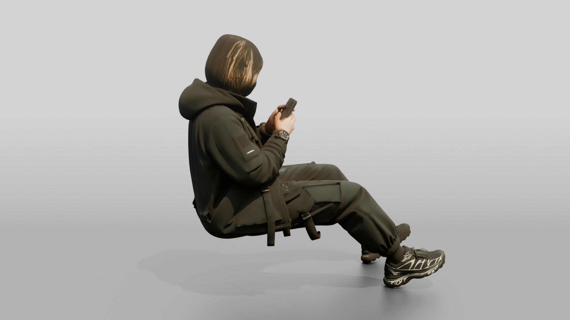 Techwear Woman Scrolling Her Phone