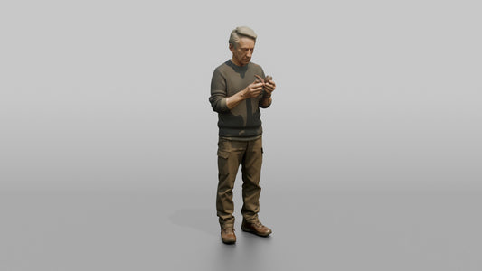 Grandfather Holding A Pipe, Examining It Thoughtfully - 3D character model